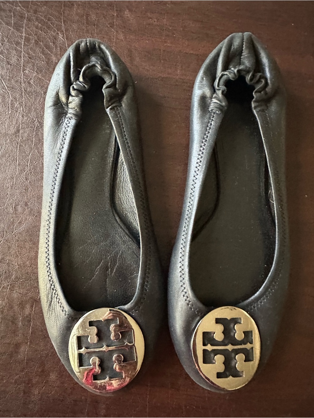 Tory Burch Black Leather Logo Medallion Ballet Flats
